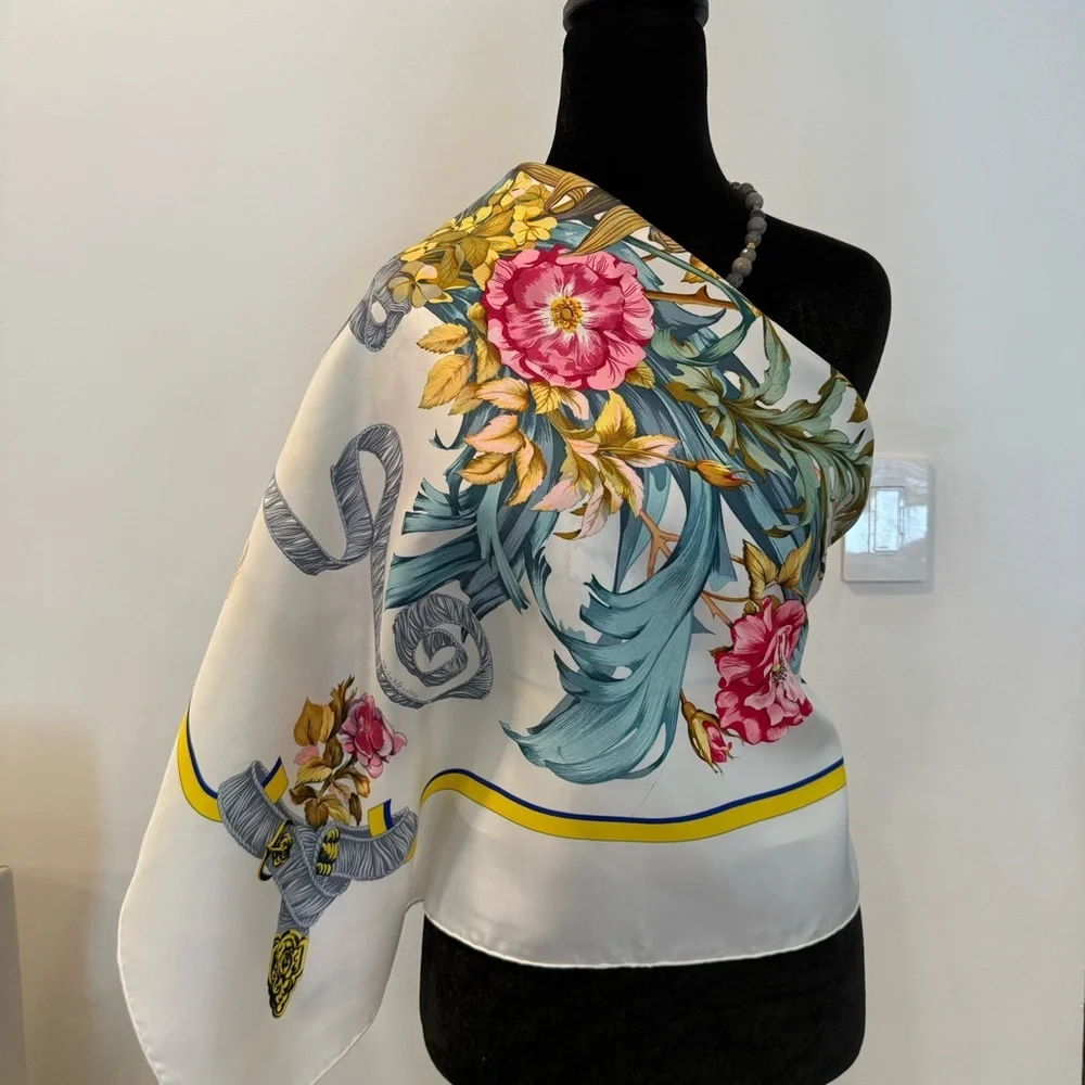 Hermes Floral Silk Scarf with Ribbon Design 35”